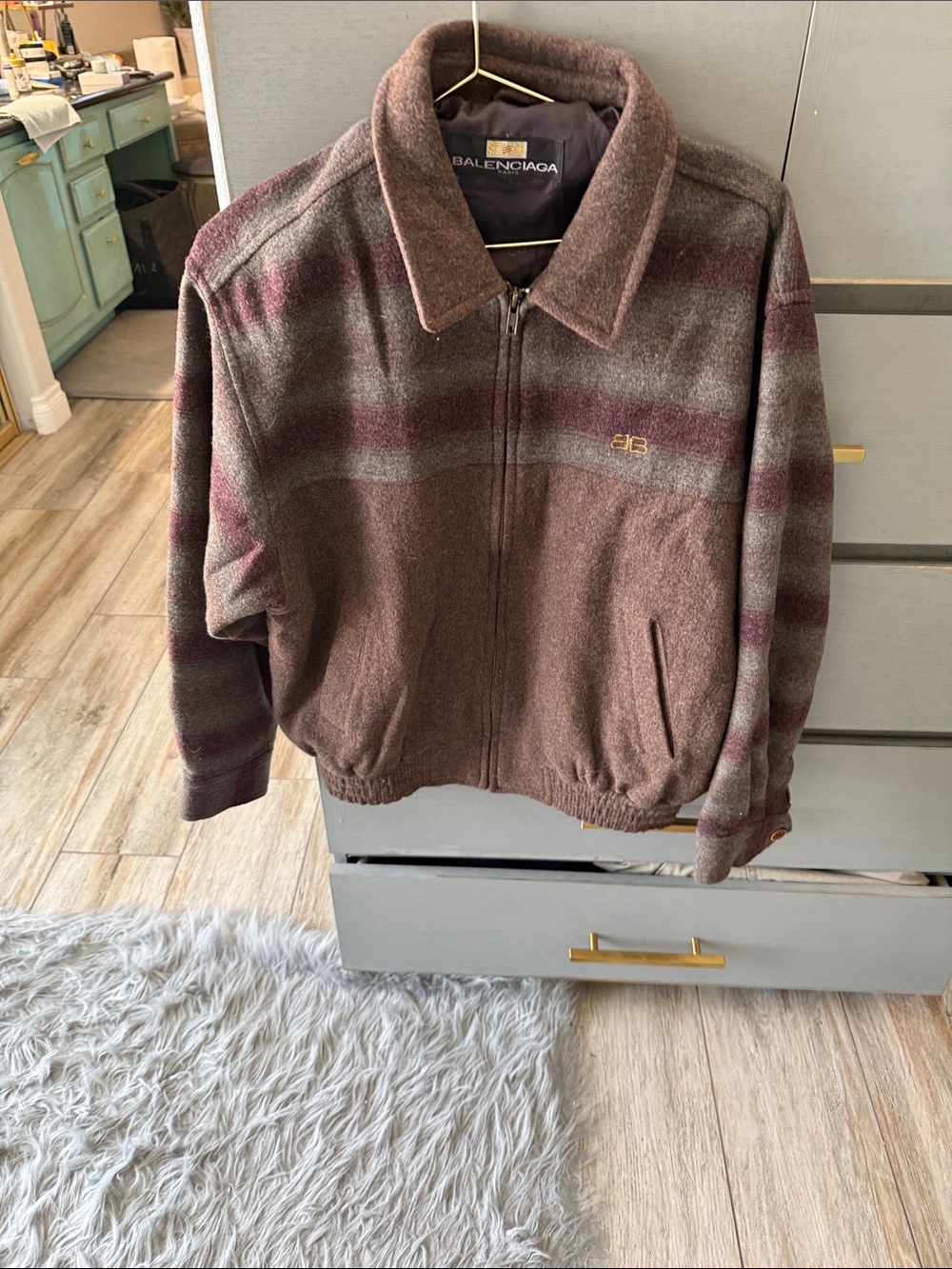 Balenciaga faux  Men's Brown and Mauve Striped Wool Zip-Up Jacket